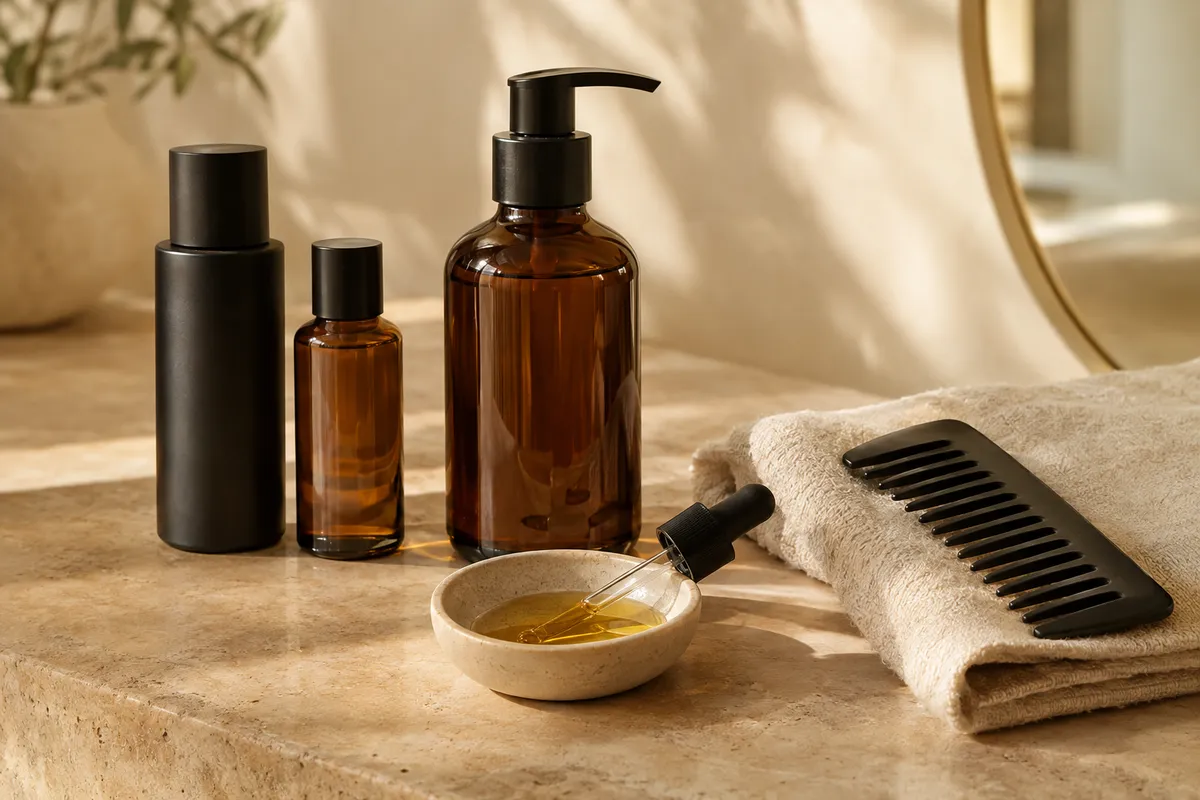 Nourishing hair oils and treatment products on travertine